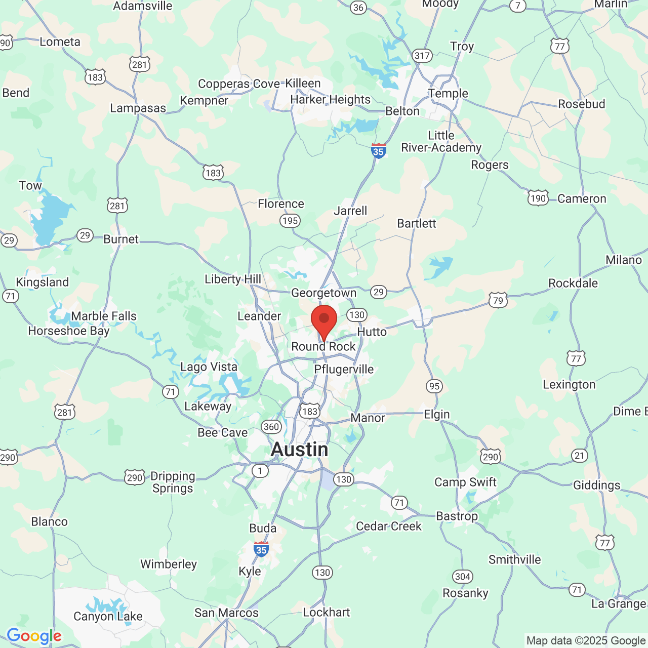 Google map image of our location in 1000 Heritage Center Cir Round Rock, TX