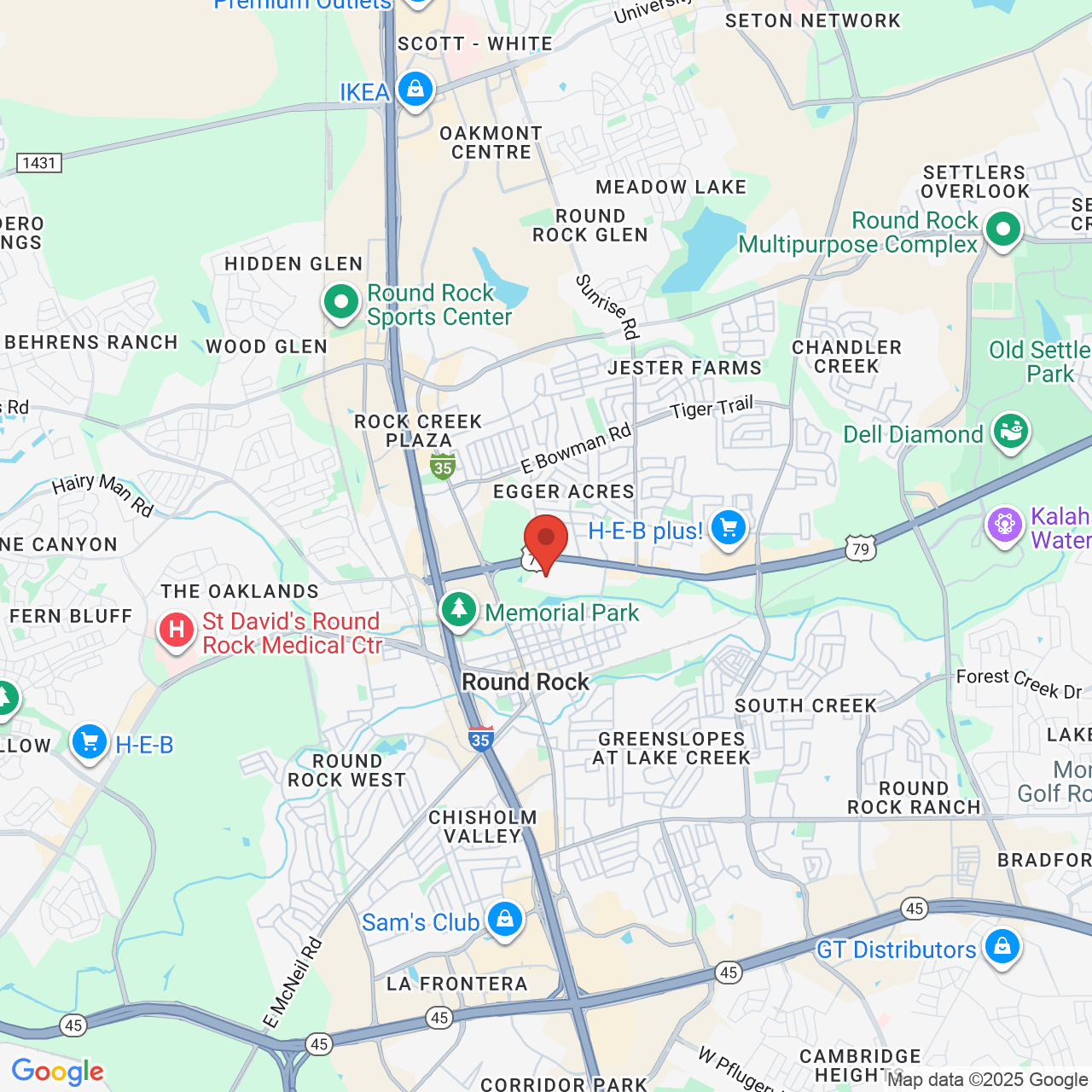 Google map image of our location in 1000 Heritage Center Cir Round Rock, TX