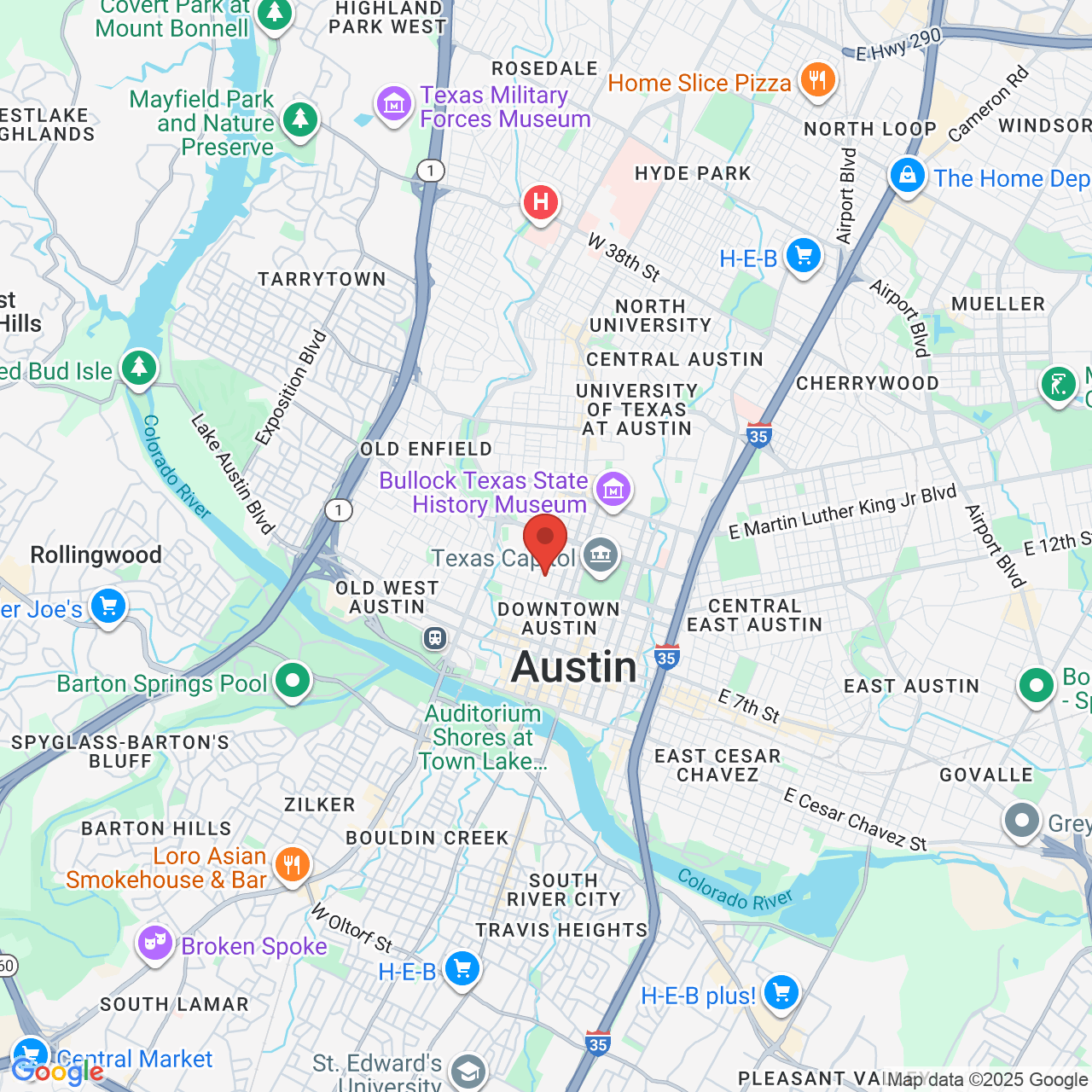Google map image of our location in 505 W 12th St Austin, TX